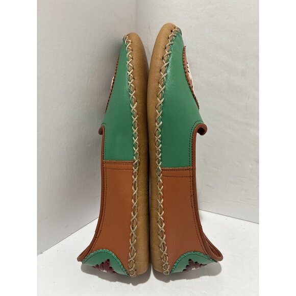 Handcrafted Womens Green & Brown Leather Slip-On Shoes With Woven Pattern Design - Picture 5 of 8